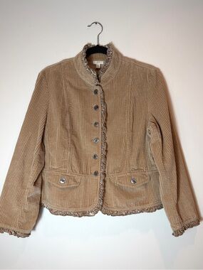 J. Jill Camel Corduroy Button Front Jacket with Ruffle Trim Size MP